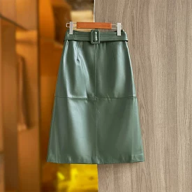 Khaki Green Leather Skirt With Belt - Casual A-line Saia for Ladies