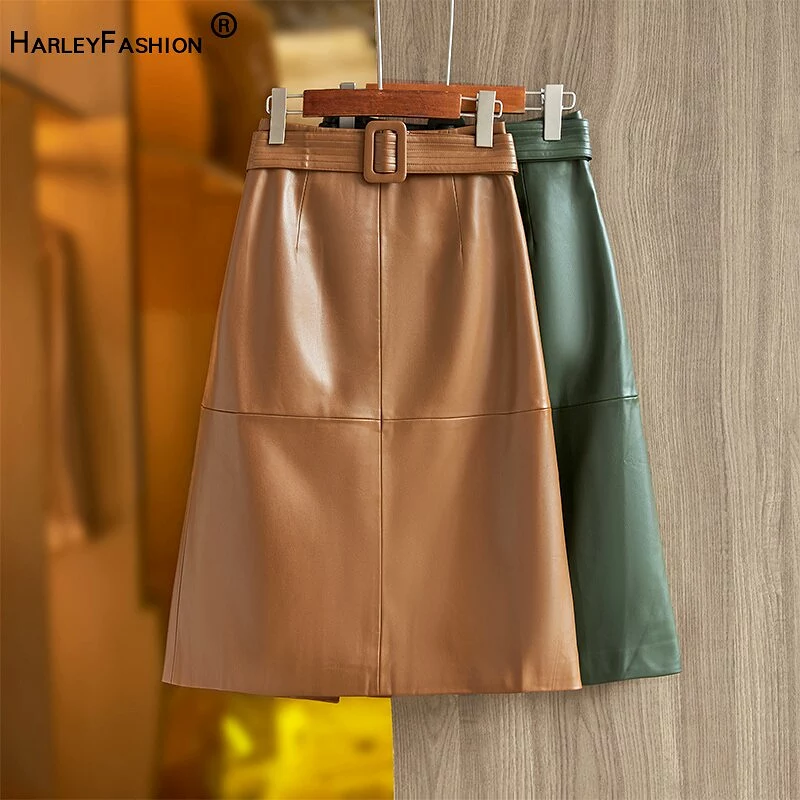 Khaki Green Leather Skirt With Belt - Casual A-line Saia for Ladies