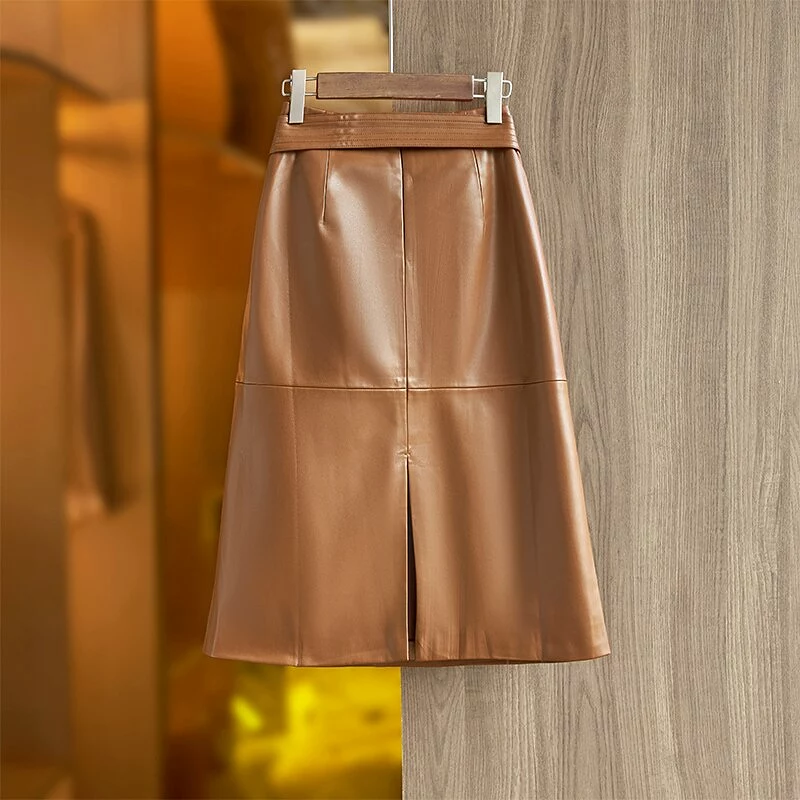 Khaki Green Leather Skirt With Belt - Casual A-line Saia for Ladies