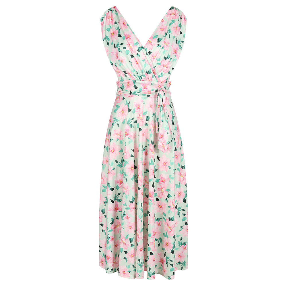 Light green and pink floral print V neck crossover top empire waist swing dress.