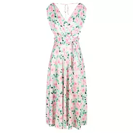 Light green and pink floral print V neck crossover top empire waist swing dress.