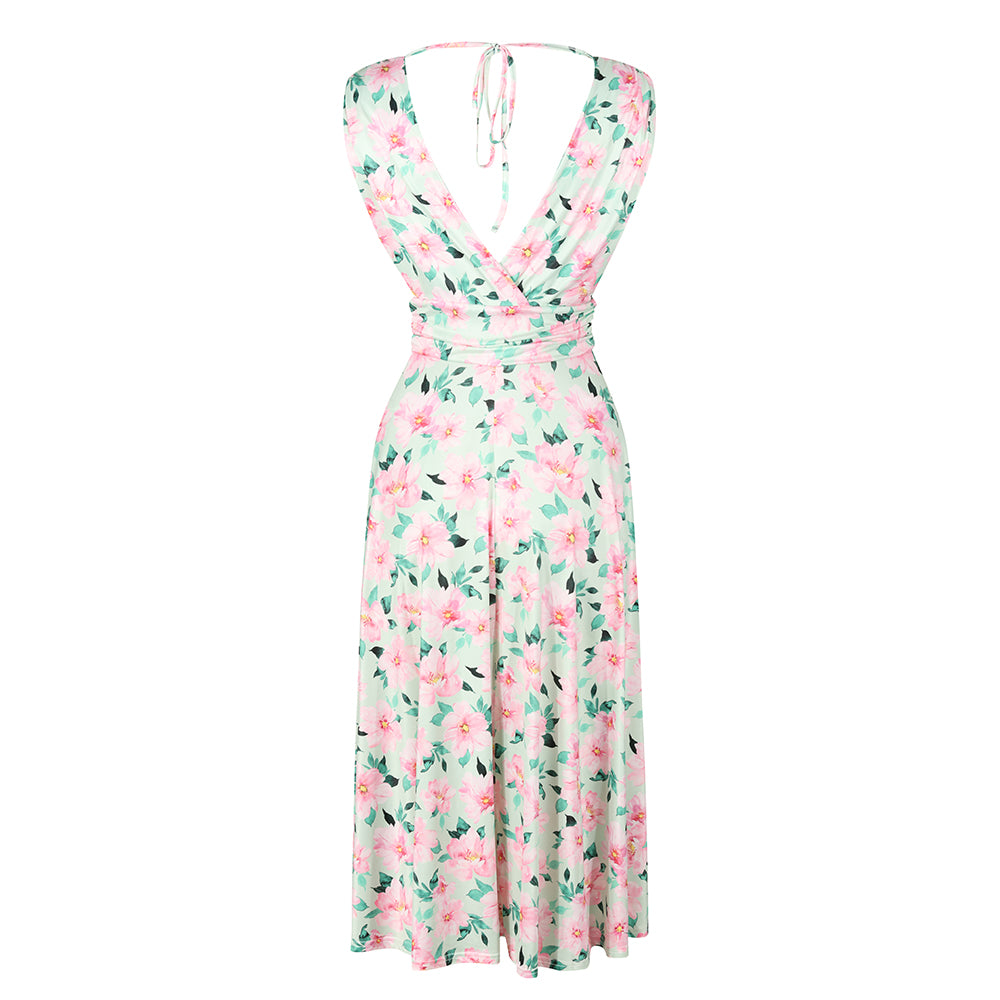 Light green and pink floral print V neck crossover top empire waist swing dress.