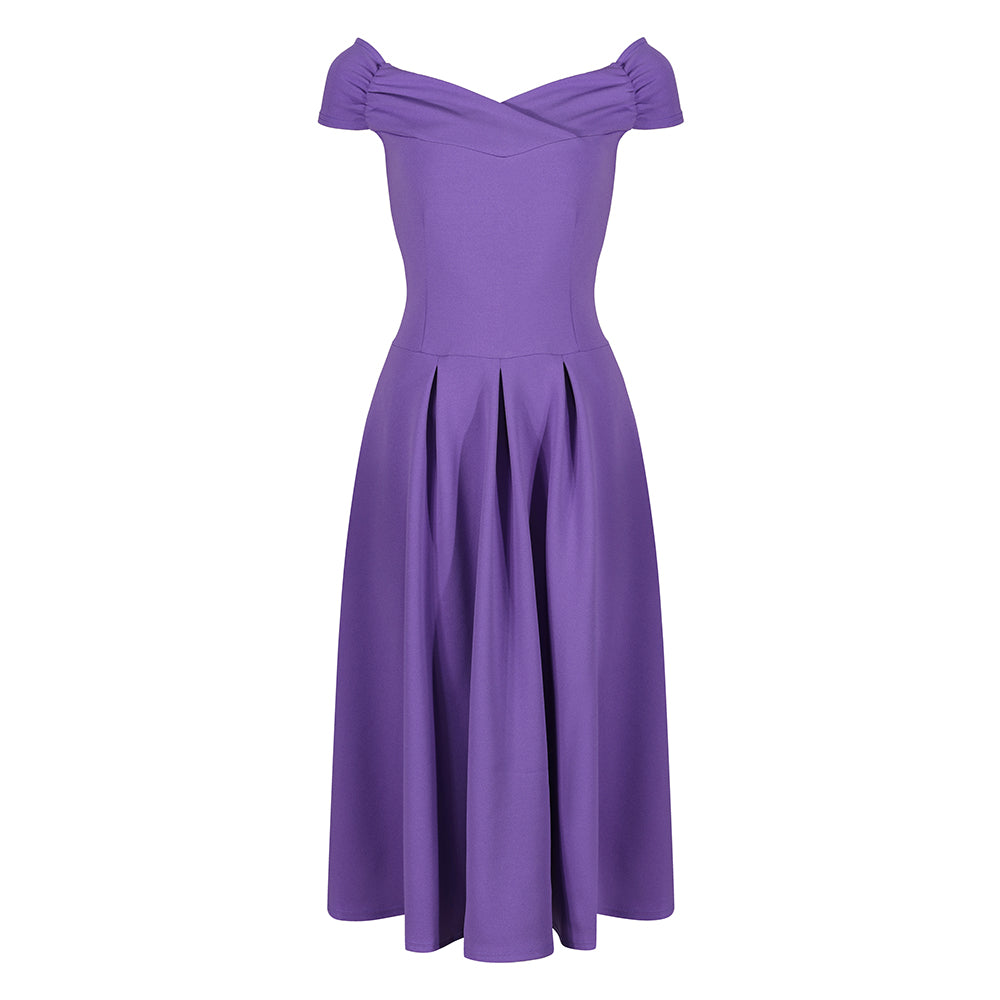 Lilac Purple Bardot Style Swing Dress with Crossover Bust and Cap Sleeves