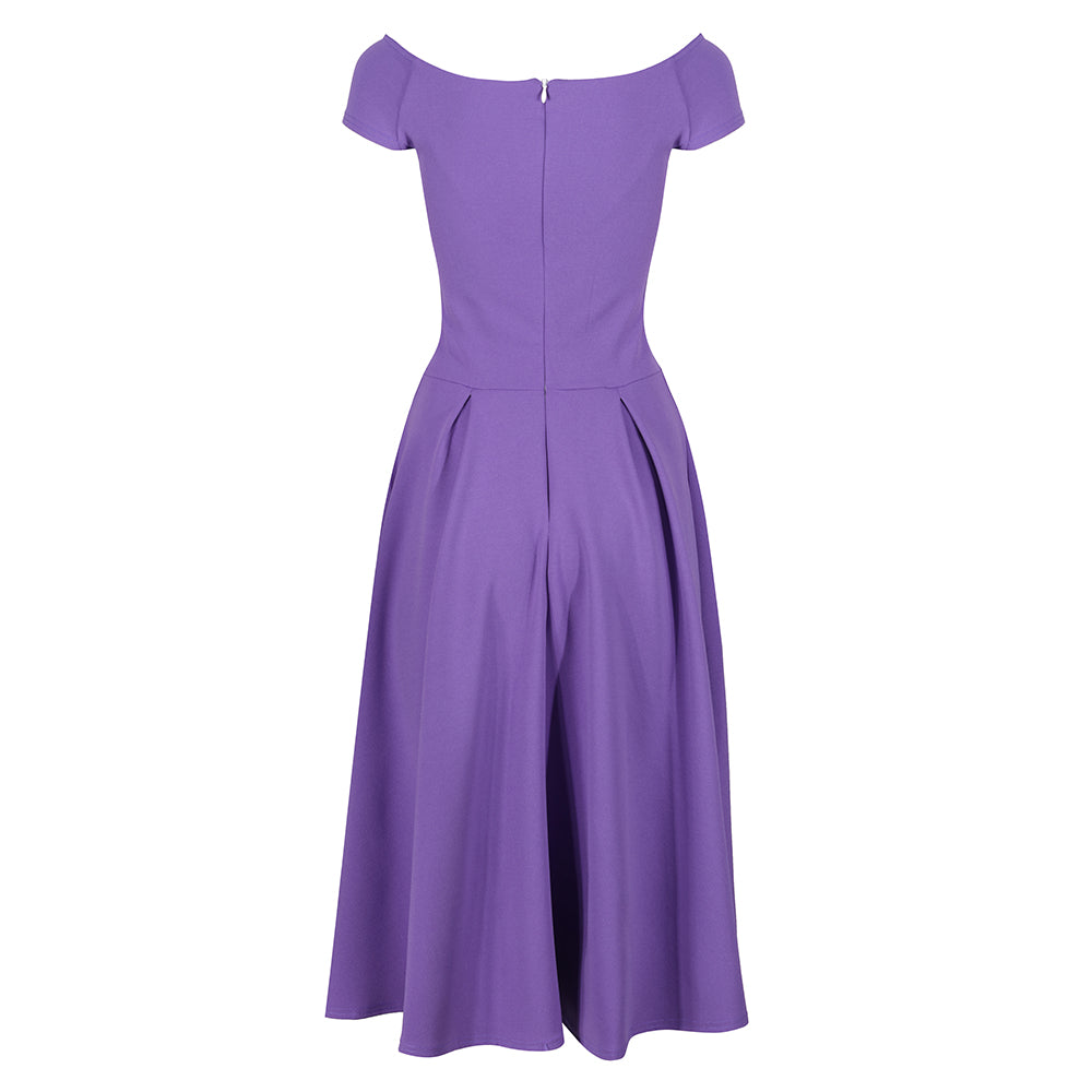 Lilac Purple Bardot Style Swing Dress with Crossover Bust and Cap Sleeves