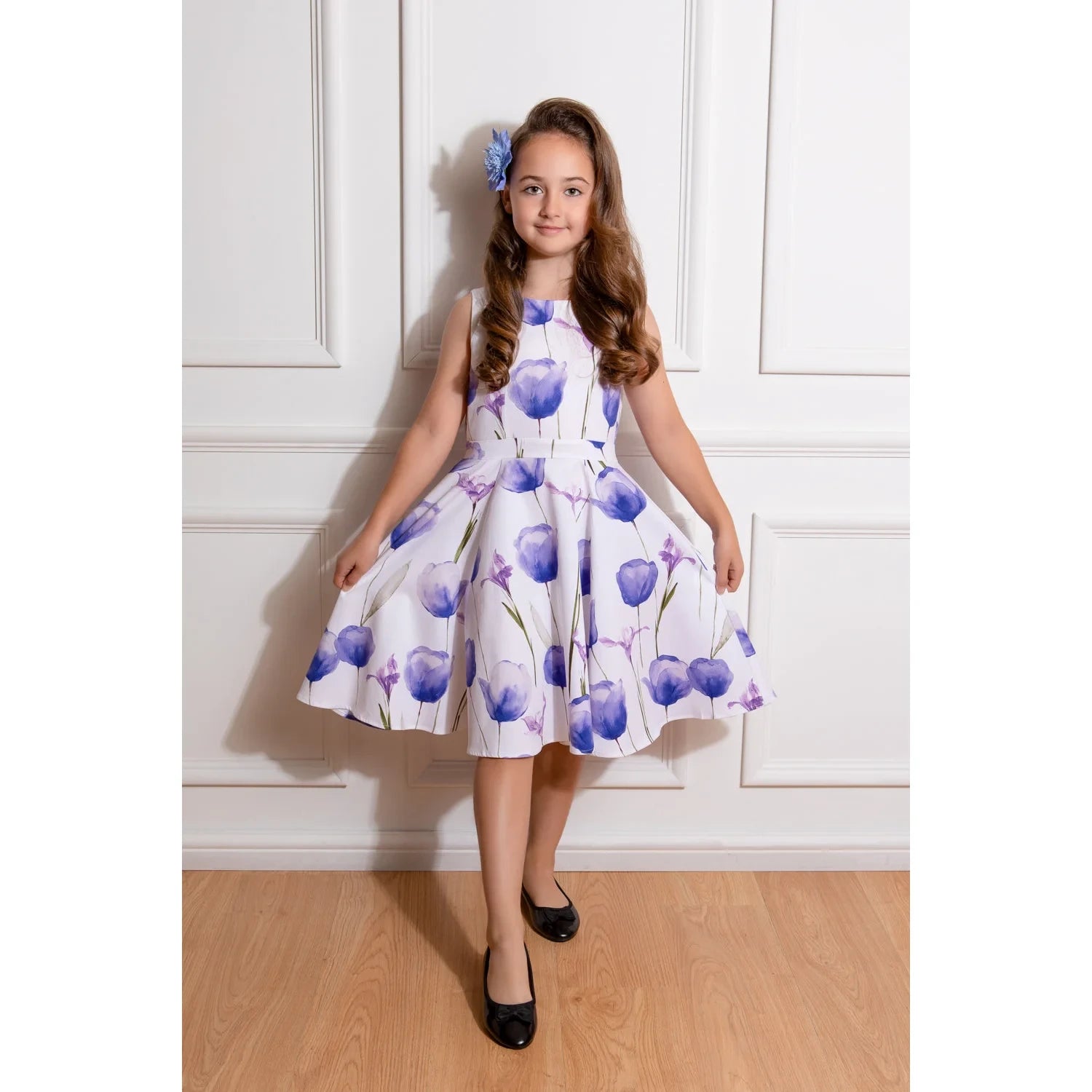 Little Girls' Blue Tulips Swing Dress