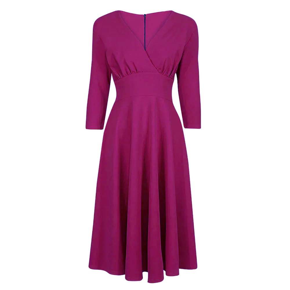 Magenta A-Line 1950s Tea Swing Dress with 3/4 Sleeves