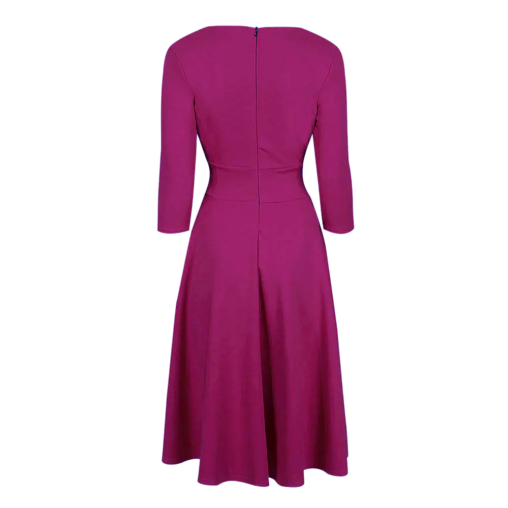 Magenta A-Line 1950s Tea Swing Dress with 3/4 Sleeves