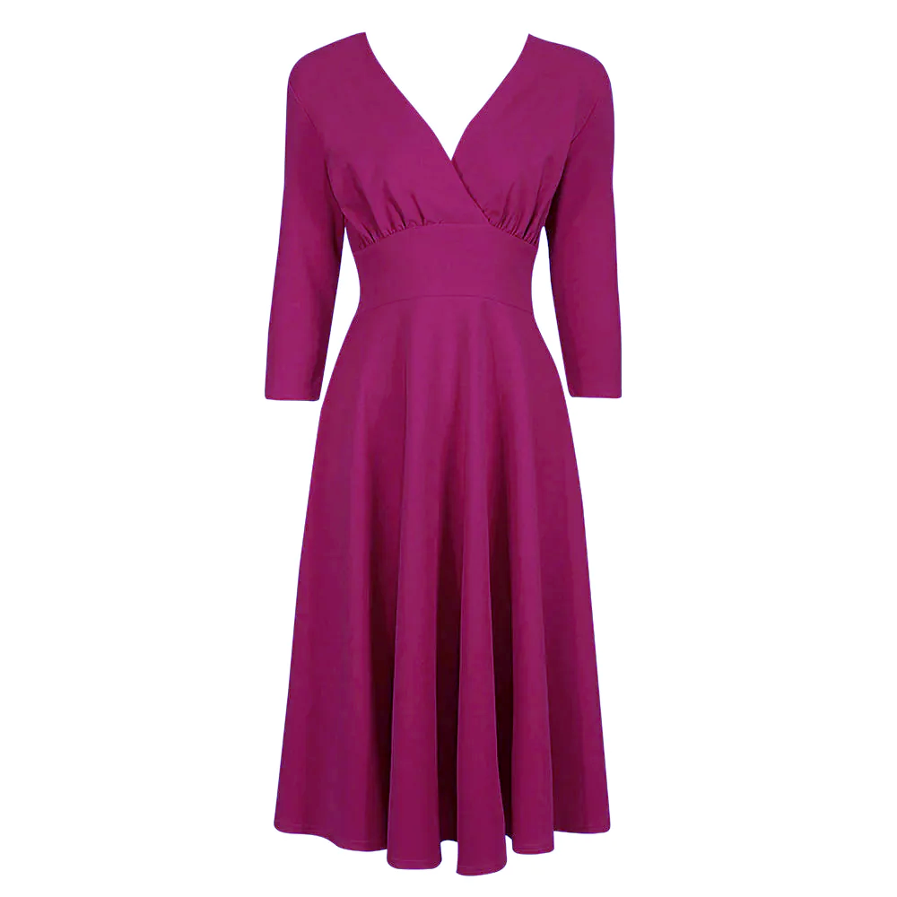 Magenta A-Line 1950s Tea Swing Dress with 3/4 Sleeves