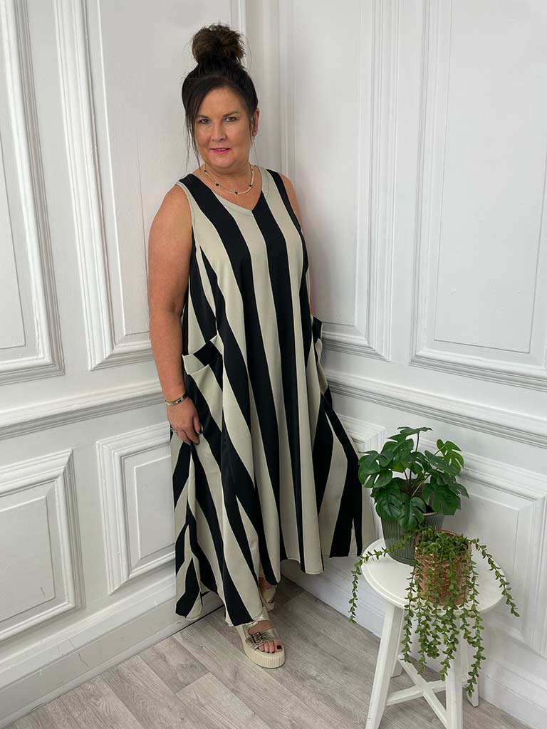 Malissa V-Neck Pocket Dress - Mono Block Stripe - Buy Now