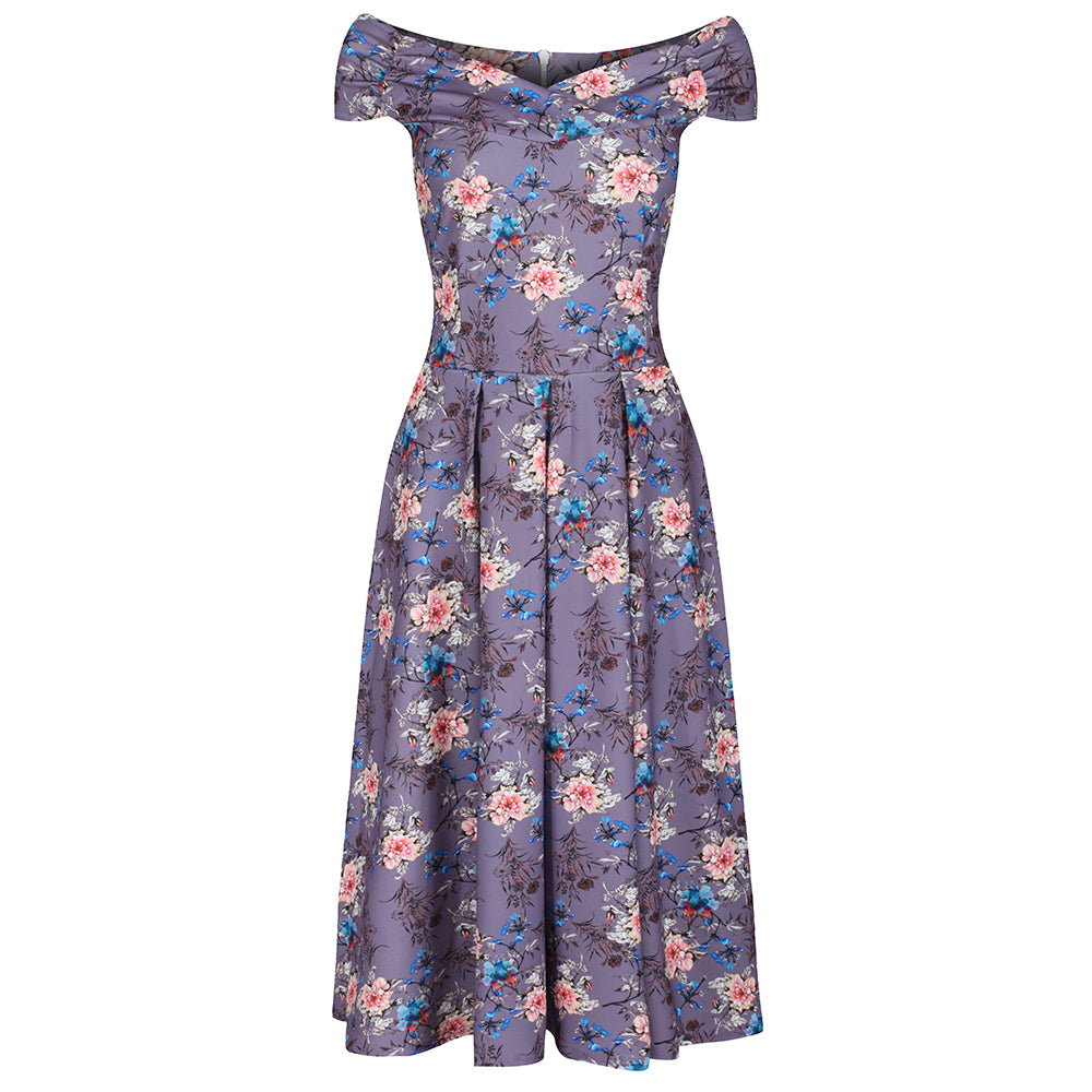 Mauve Floral Print Cap Sleeve 50s Swing Bardot Dress