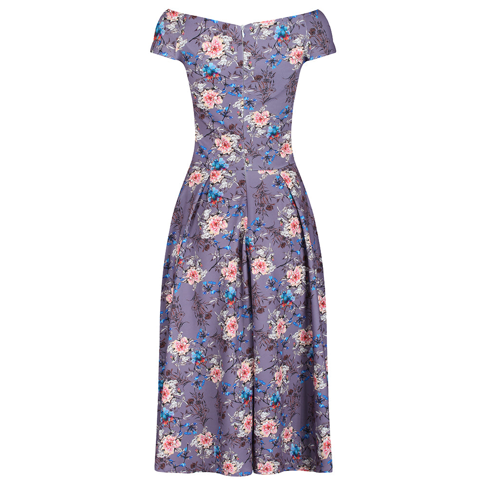 Mauve Floral Print Cap Sleeve 50s Swing Bardot Dress