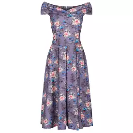 Mauve Floral Print Cap Sleeve 50s Swing Bardot Dress