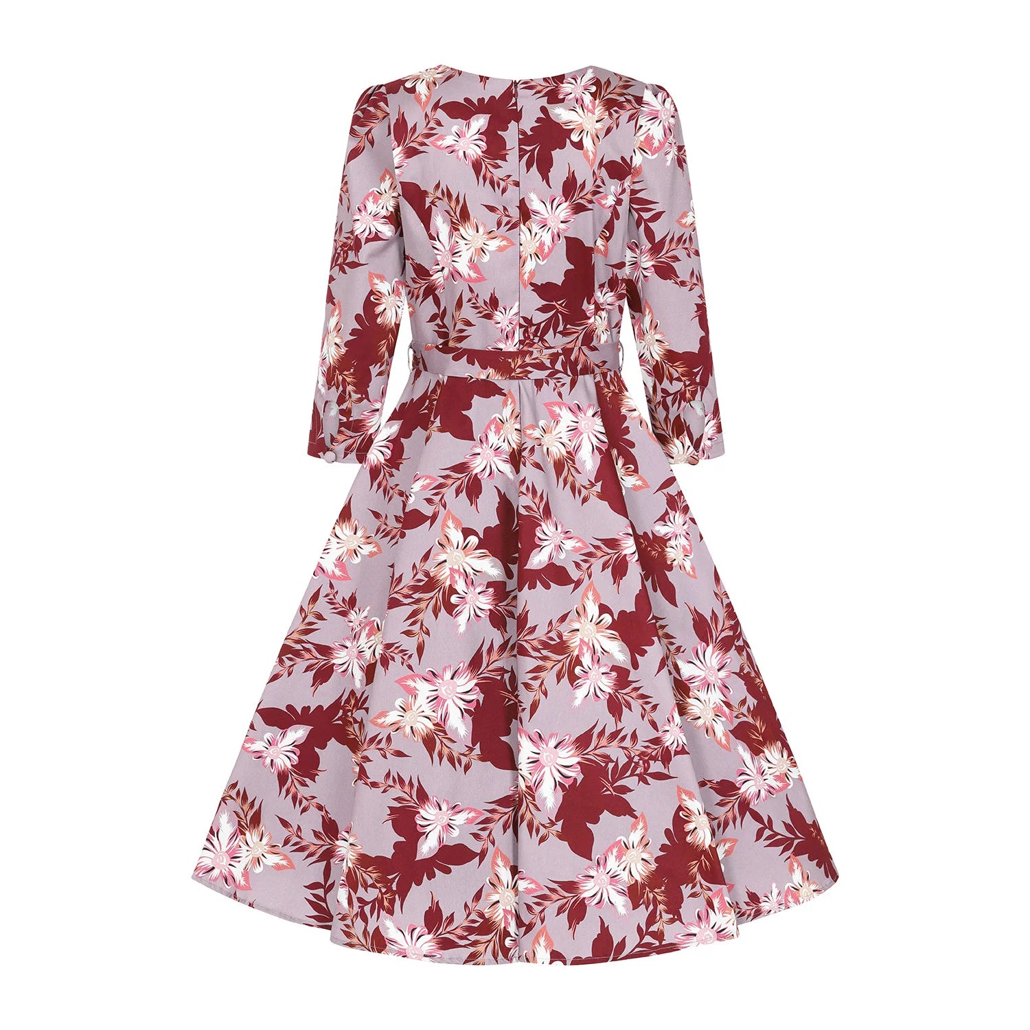 Mauve Floral Print Tea Dress with 3/4 Sleeves, Sweetheart Neckline, Pockets, and 50's Swing Style