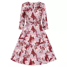 Mauve Floral Print Tea Dress with 3/4 Sleeves, Sweetheart Neckline, Pockets, and 50's Swing Style