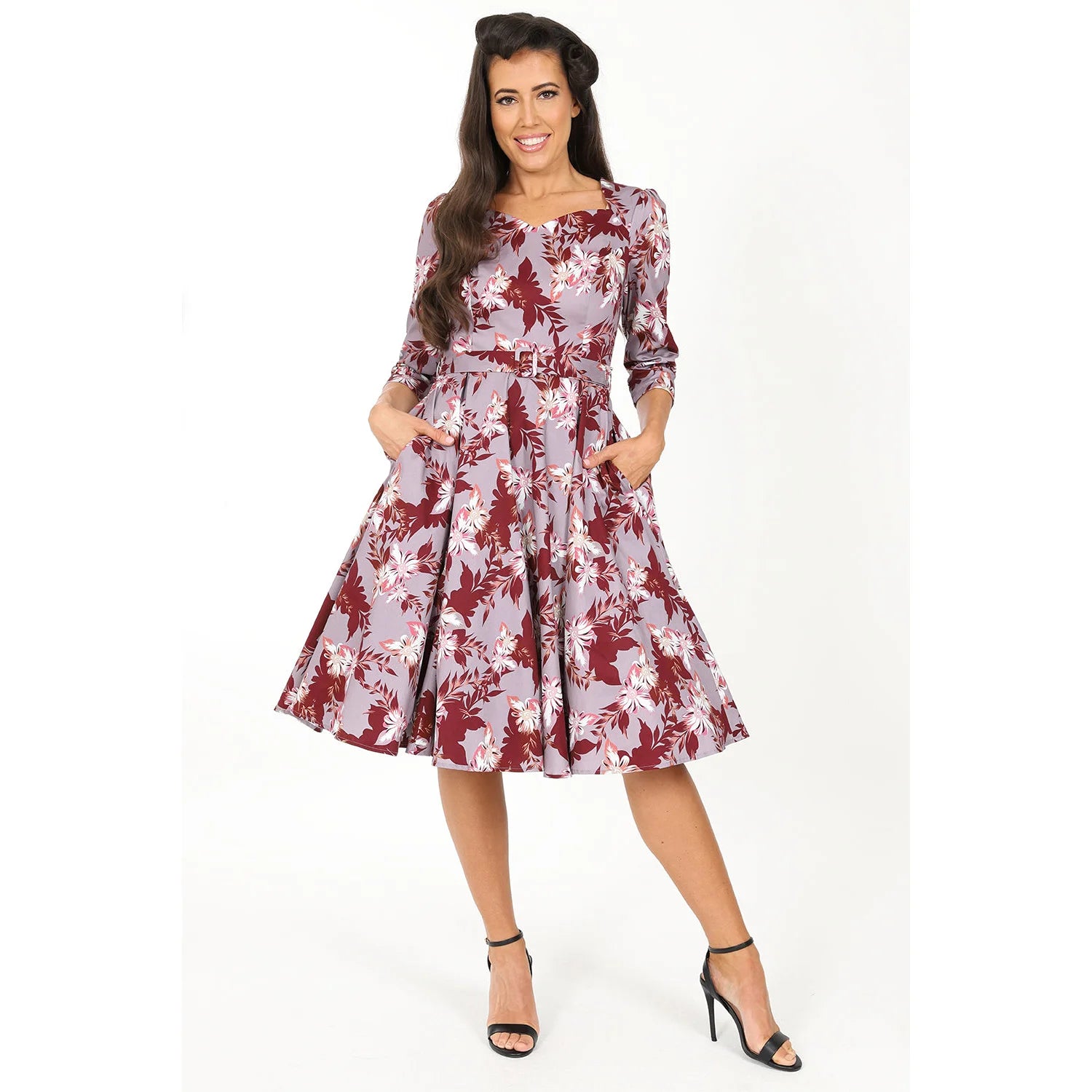 Mauve Floral Print Tea Dress with 3/4 Sleeves, Sweetheart Neckline, Pockets, and 50's Swing Style