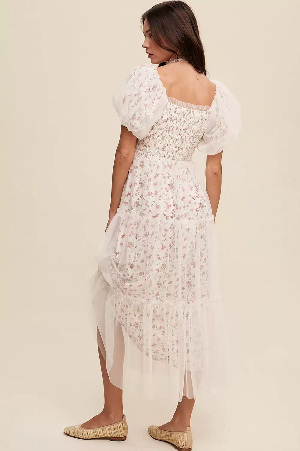 Maxi Dress with Floral Print and Mesh Puff Sleeves