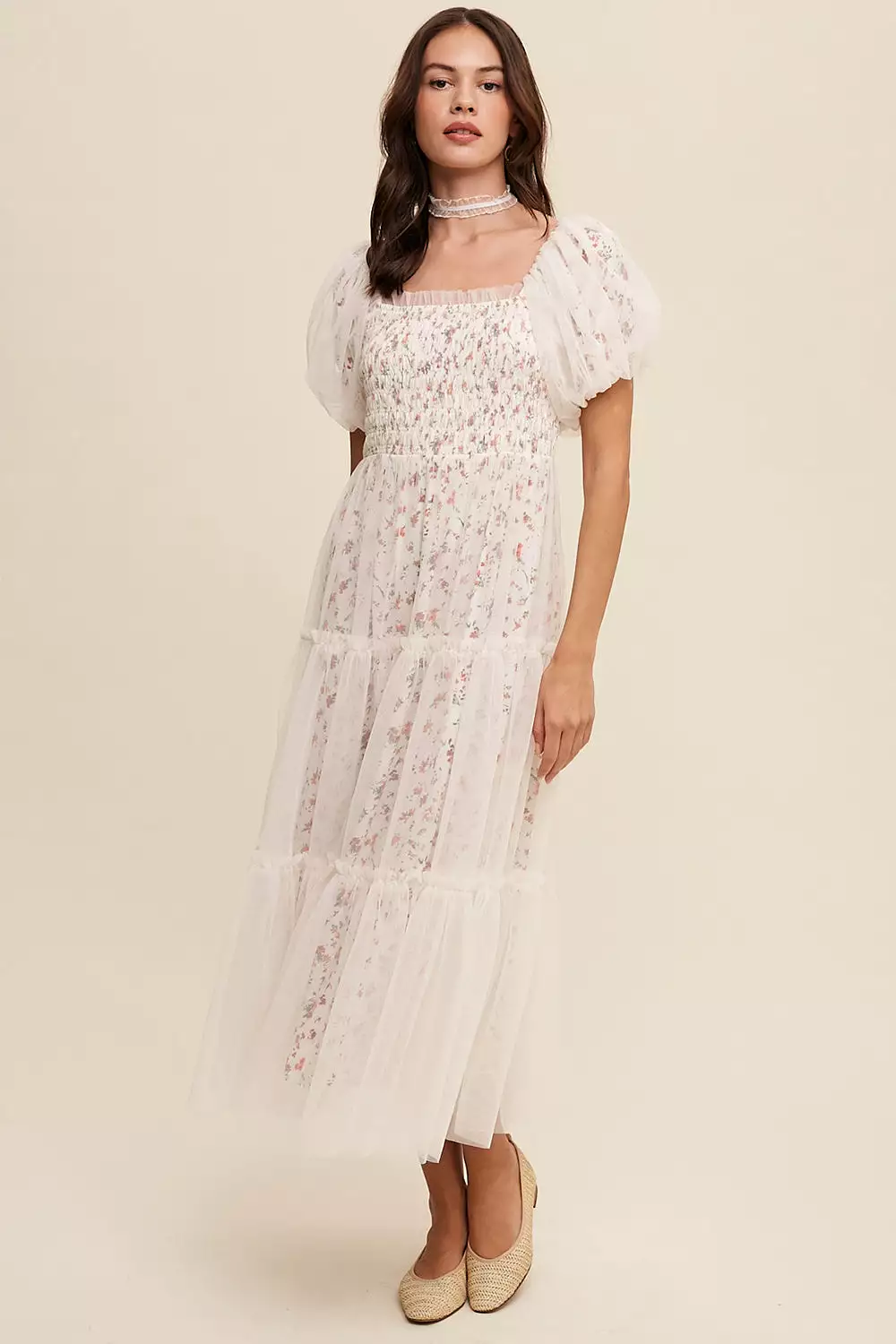 Maxi Dress with Floral Print and Mesh Puff Sleeves