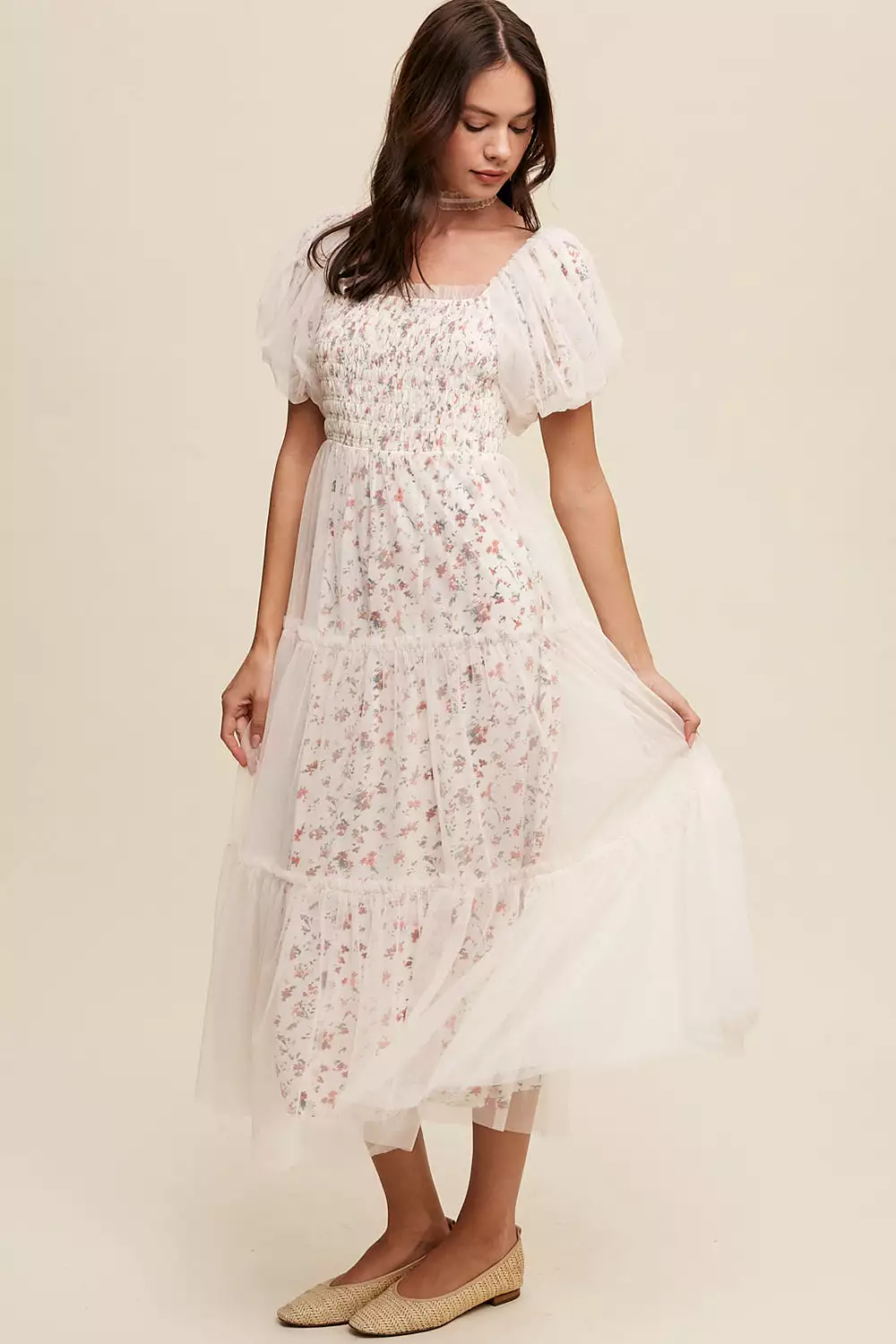 Maxi Dress with Floral Print and Mesh Puff Sleeves