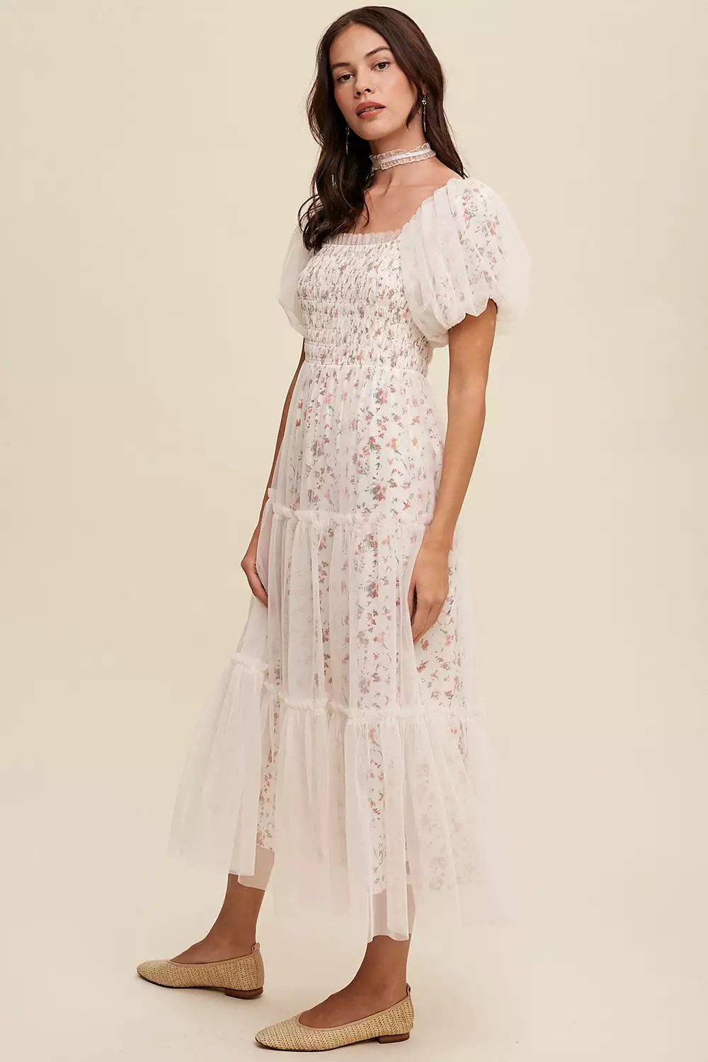 Maxi Dress with Floral Print and Mesh Puff Sleeves