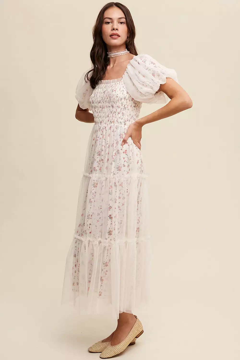 Maxi Dress with Floral Print and Mesh Puff Sleeves