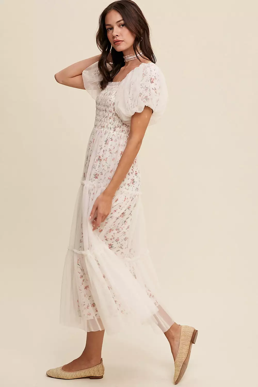 Maxi Dress with Floral Print and Mesh Puff Sleeves