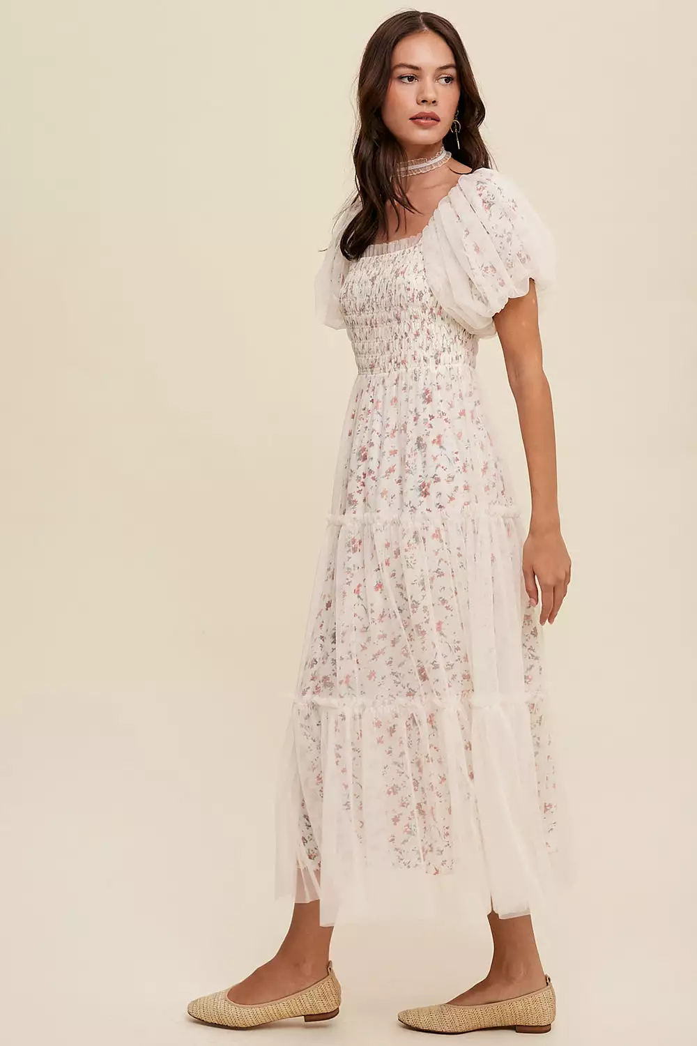 Maxi Dress with Floral Print and Mesh Puff Sleeves