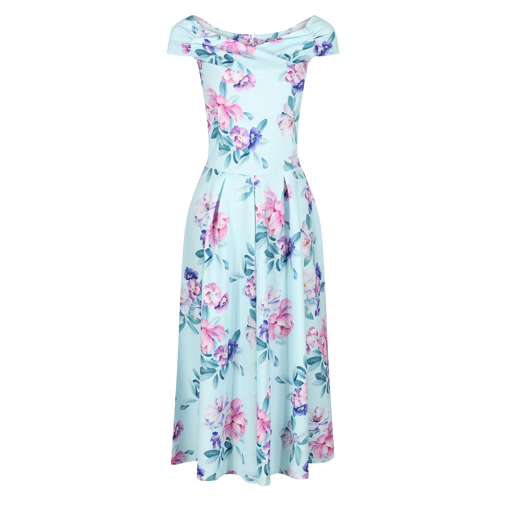 Mint Blue Floral Print Bardot Swing Dress