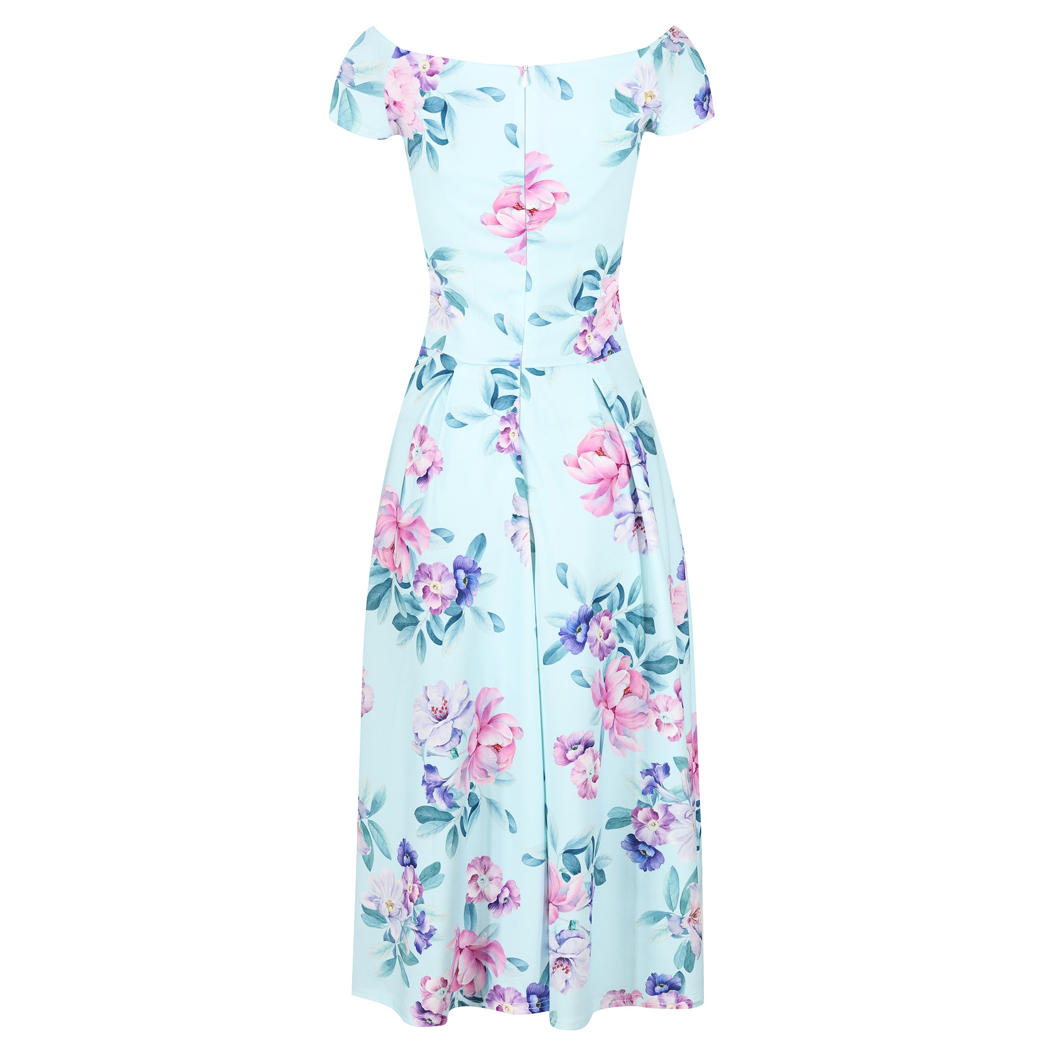 Mint Blue Floral Print Bardot Swing Dress