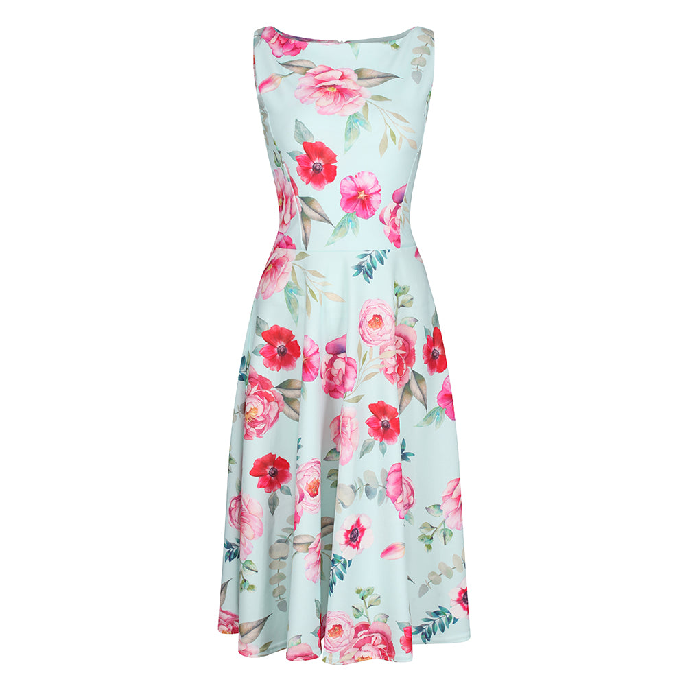 Mint Green Floral Dress - 50s Swing Style - Audrey Print.