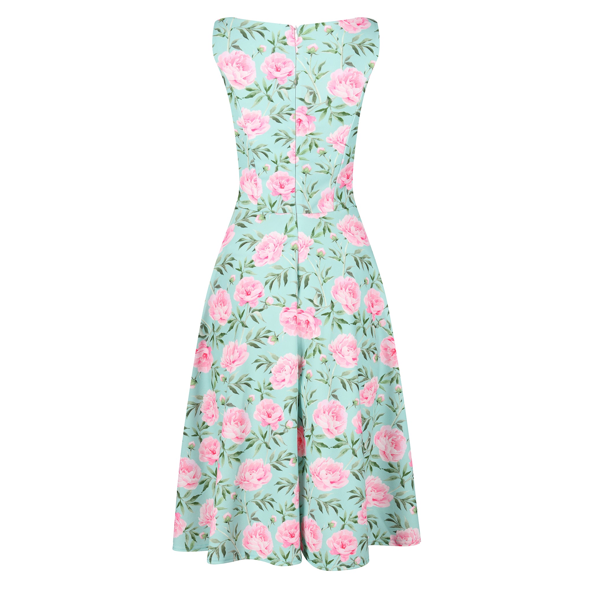 Mint Green Pink Floral Print 1950s Swing Dress