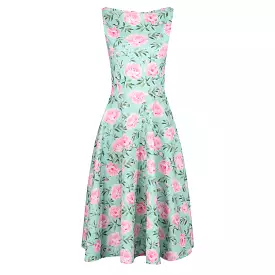 Mint Green Pink Floral Print 1950s Swing Dress