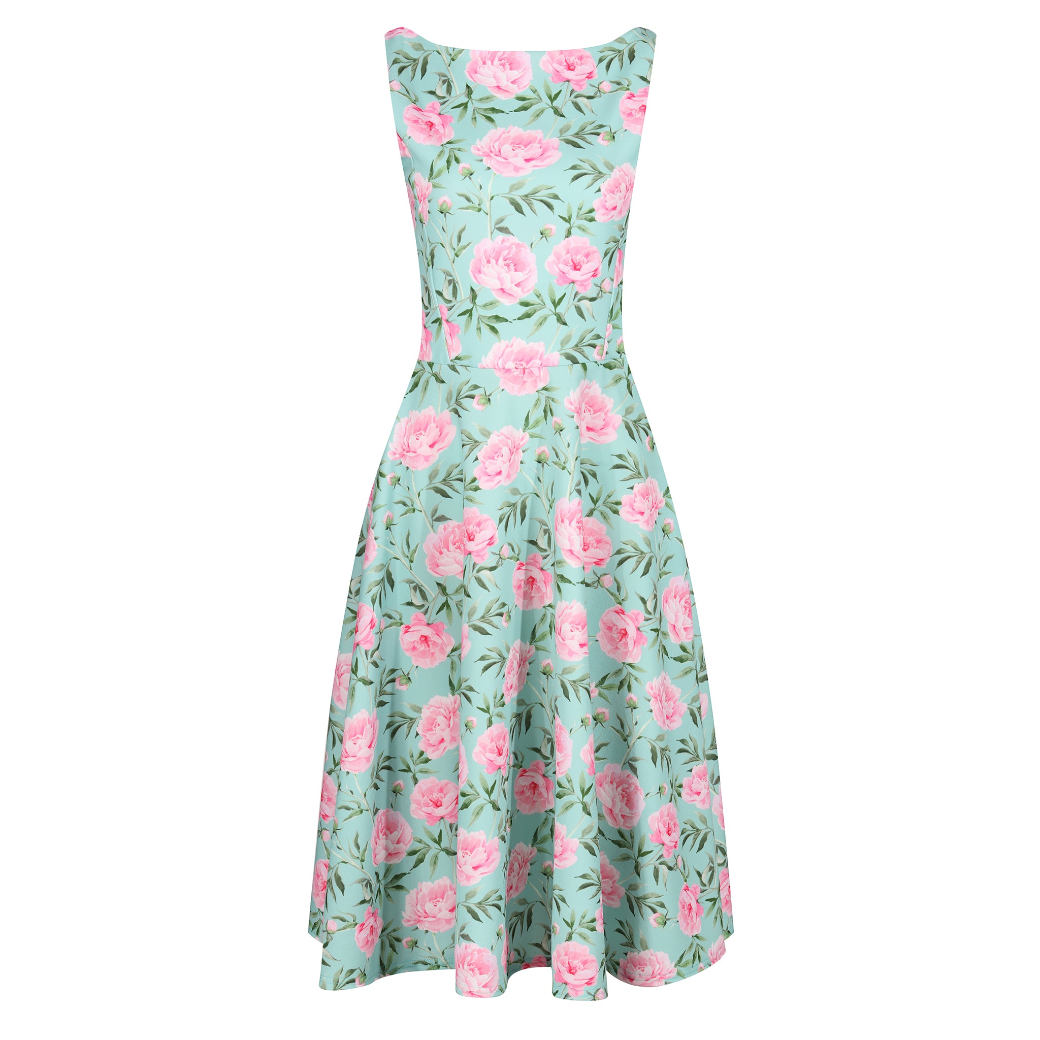 Mint Green Pink Floral Print 1950s Swing Dress