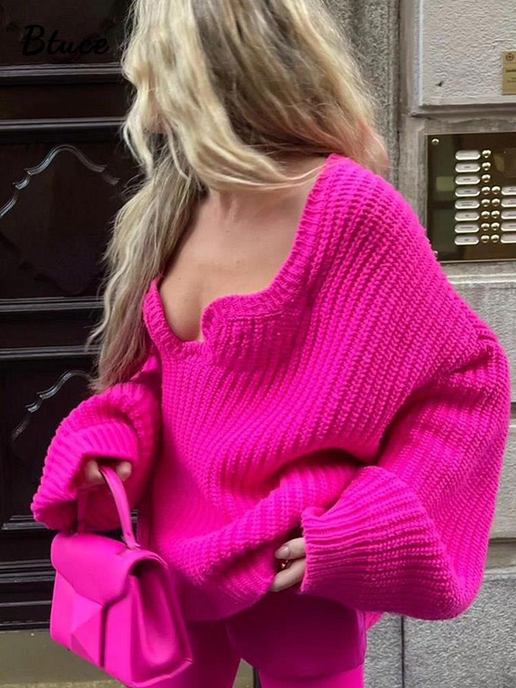 Mohair Sweaters - Rose Red Cable Knit - Long Lantern Sleeve Sweater