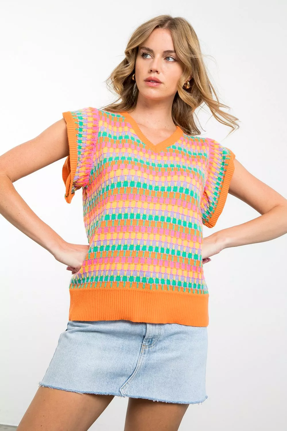 Multi Color V-Neck Knit Top