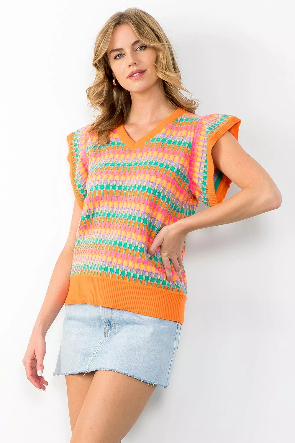 Multi Color V-Neck Knit Top