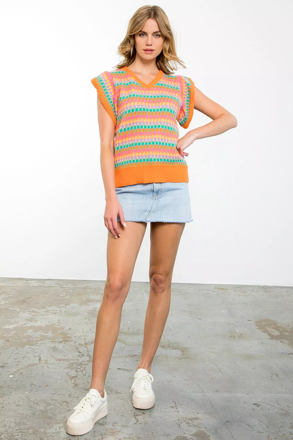 Multi Color V-Neck Knit Top