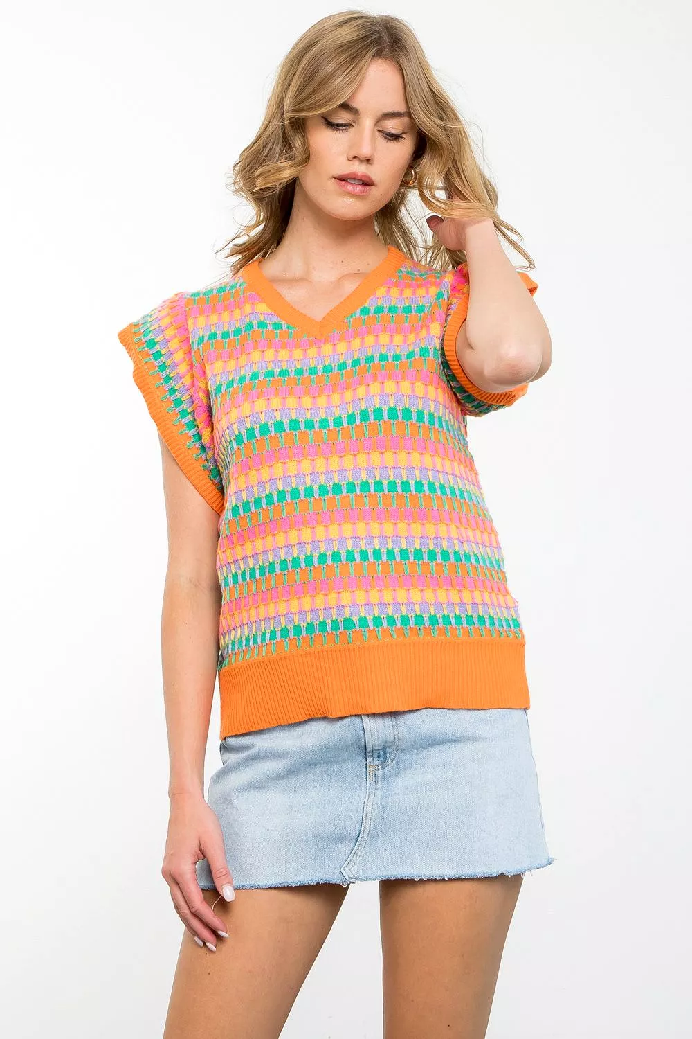 Multi Color V-Neck Knit Top