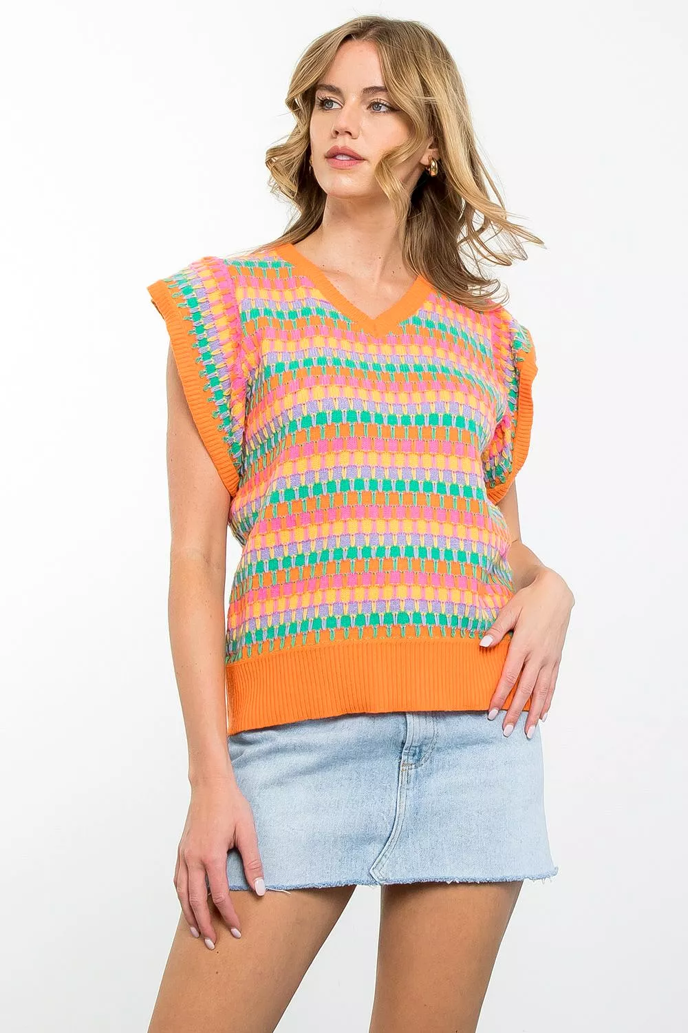 Multi Color V-Neck Knit Top