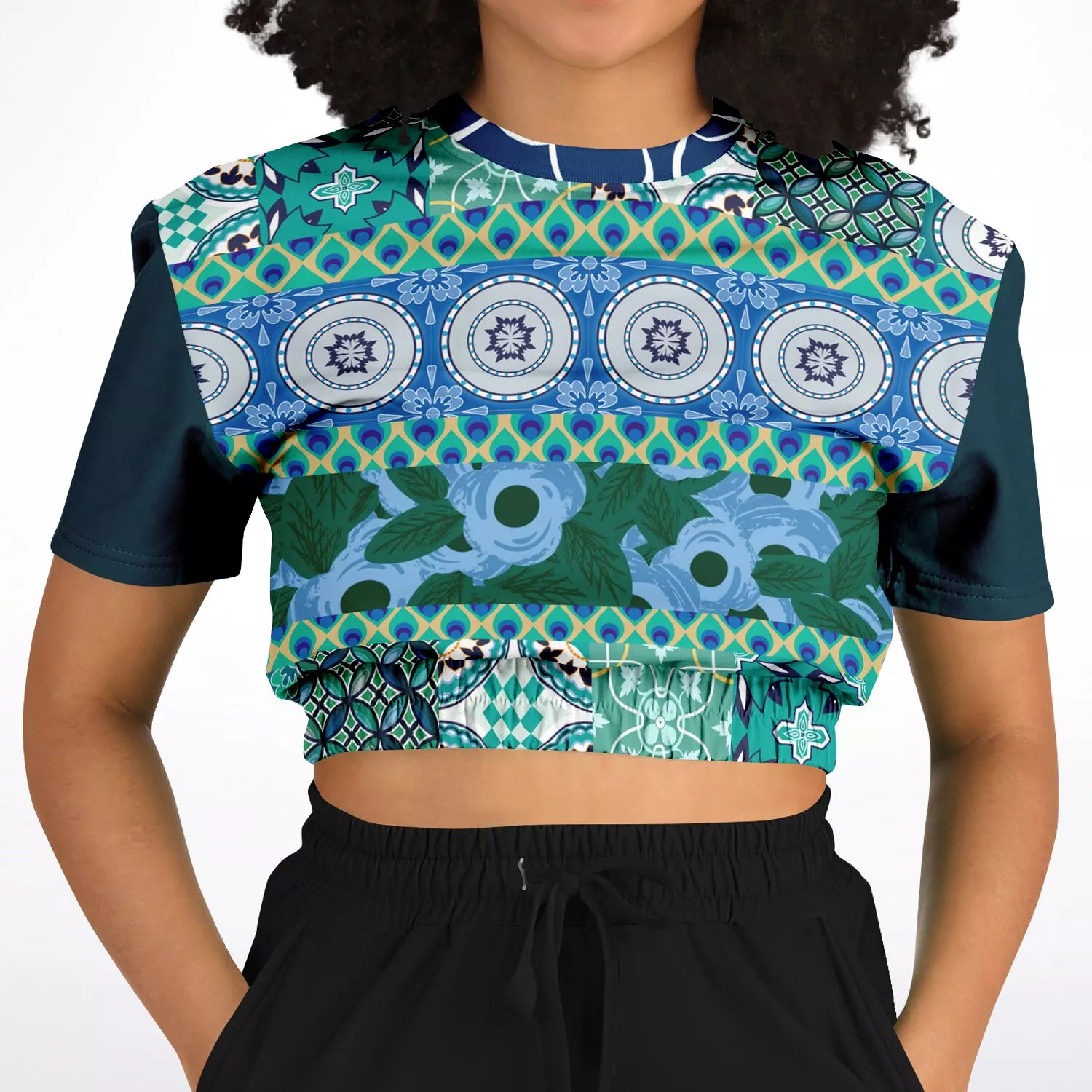 Mykonos Floral Patchwork Cropped Sweater - Short Sleeve Eco-Poly