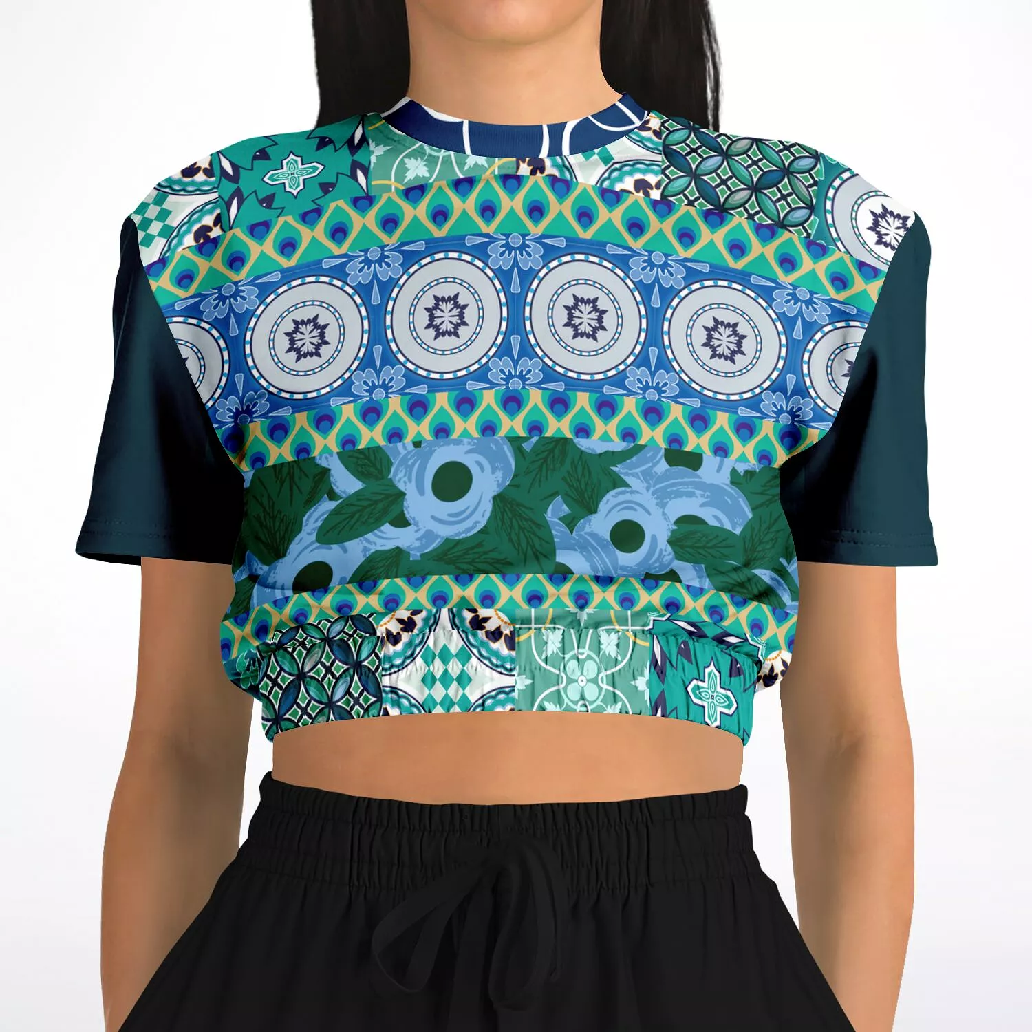 Mykonos Floral Patchwork Cropped Sweater - Short Sleeve Eco-Poly