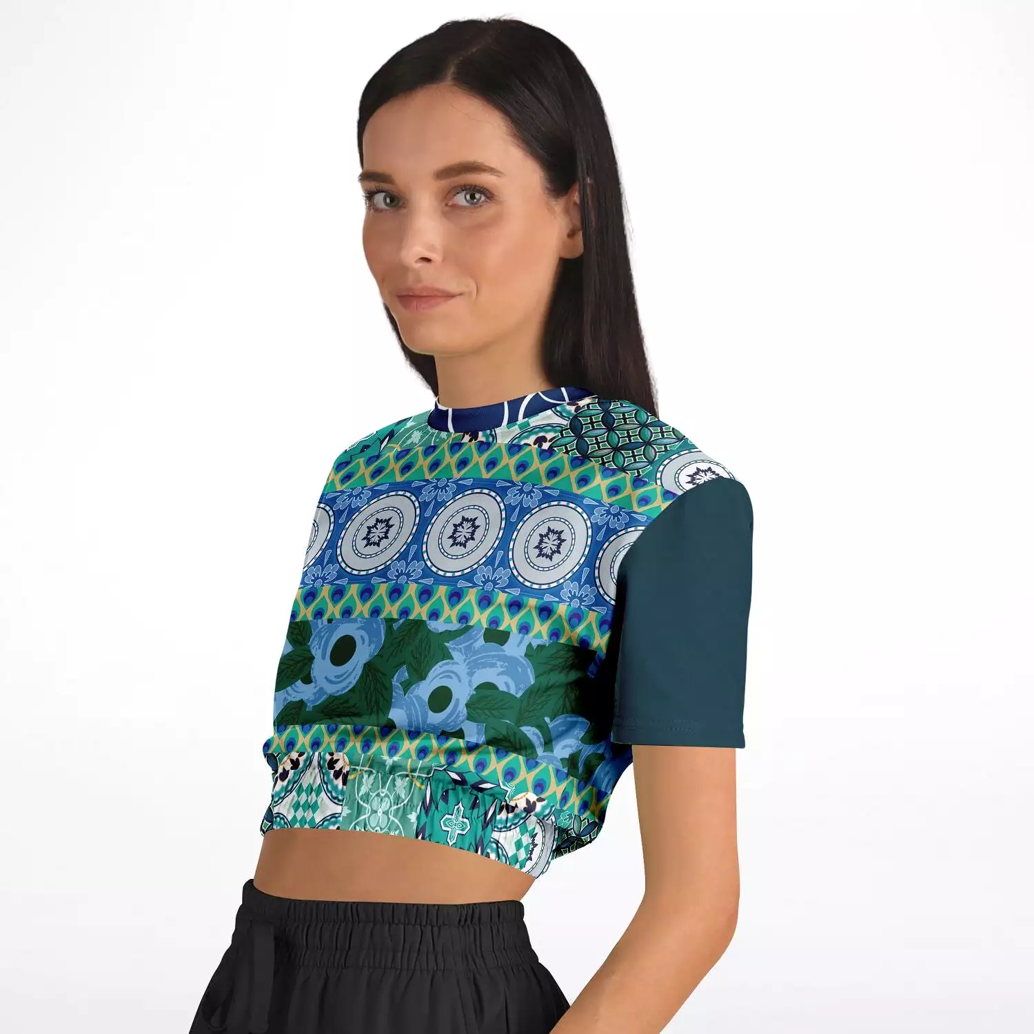 Mykonos Floral Patchwork Cropped Sweater - Short Sleeve Eco-Poly