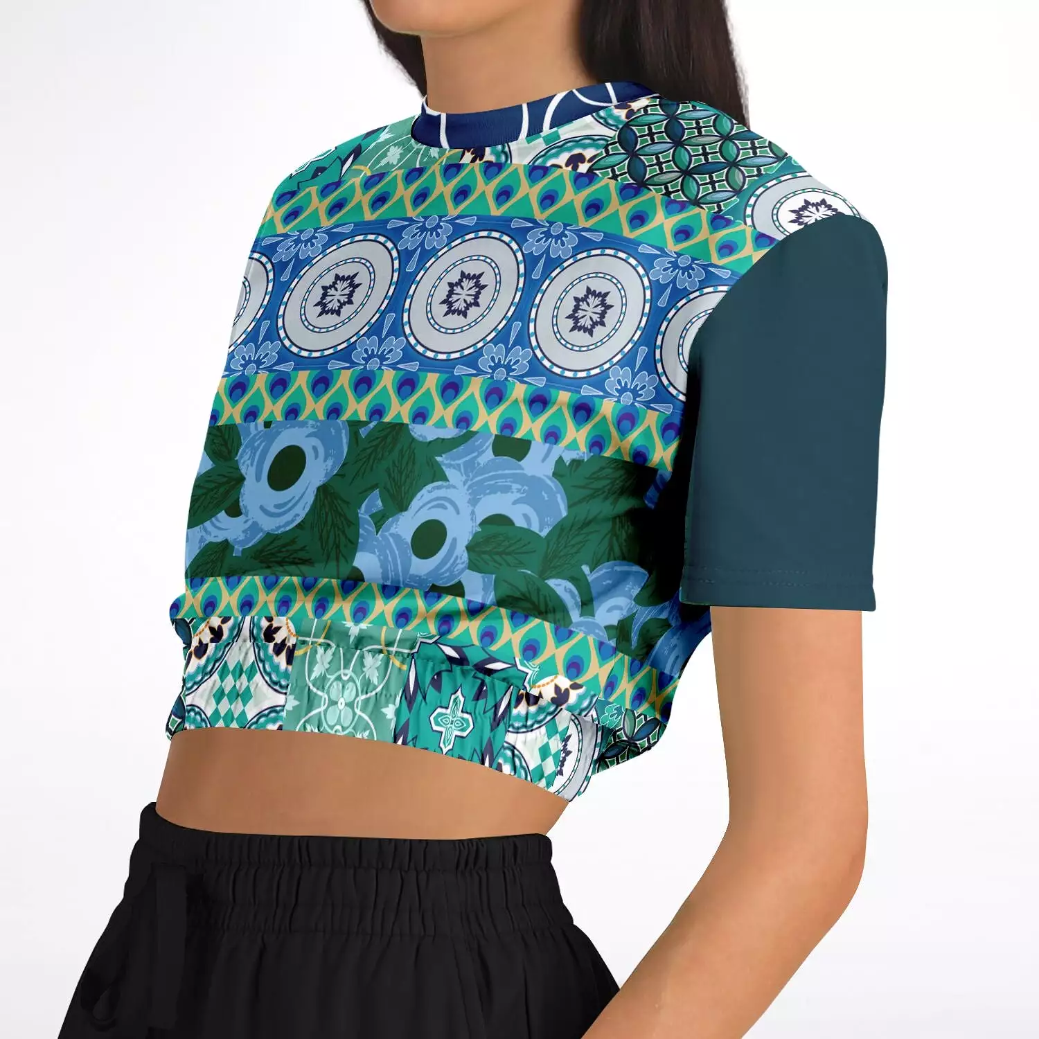 Mykonos Floral Patchwork Cropped Sweater - Short Sleeve Eco-Poly