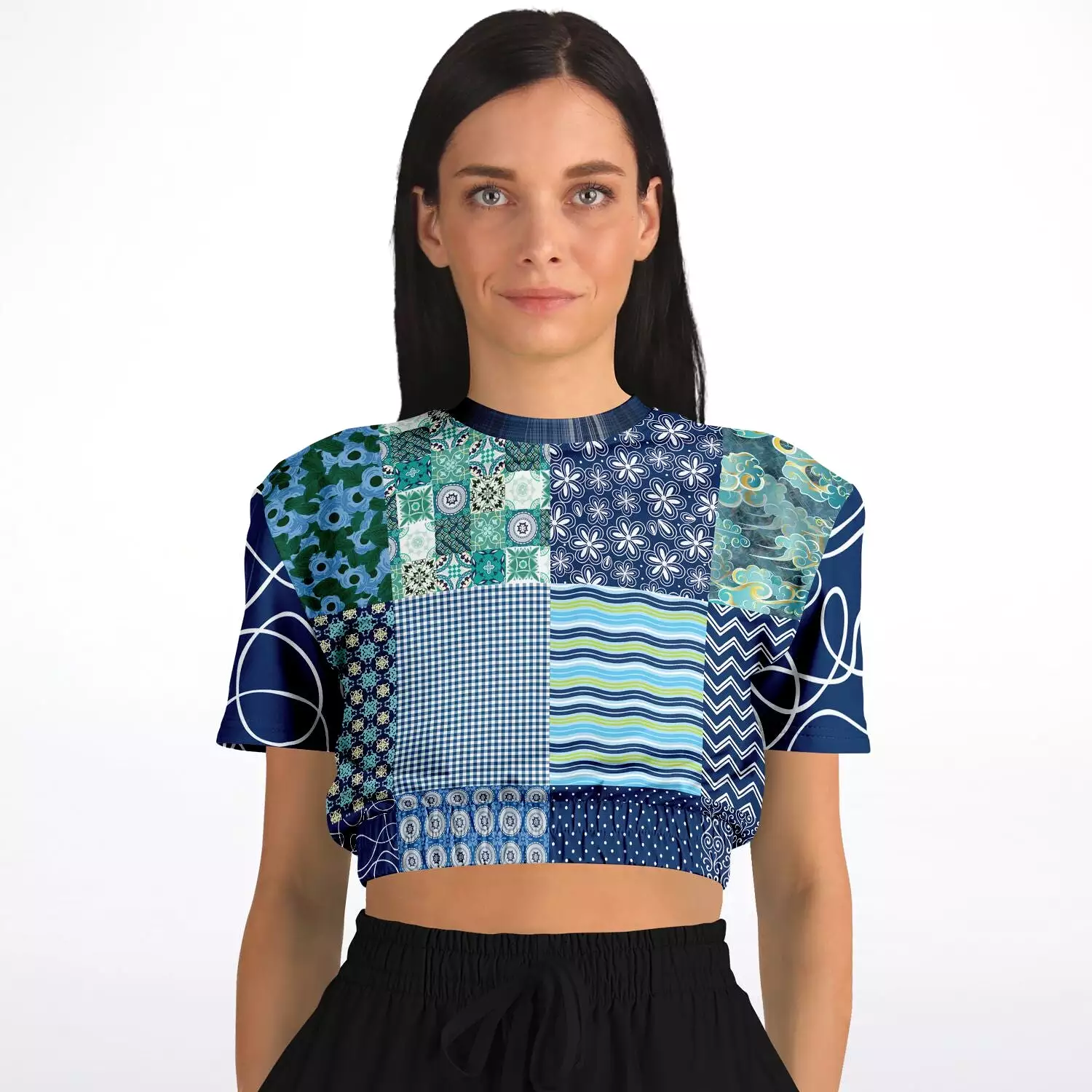 Mykonos Patchwork Print Short Sleeve Crop Sweater