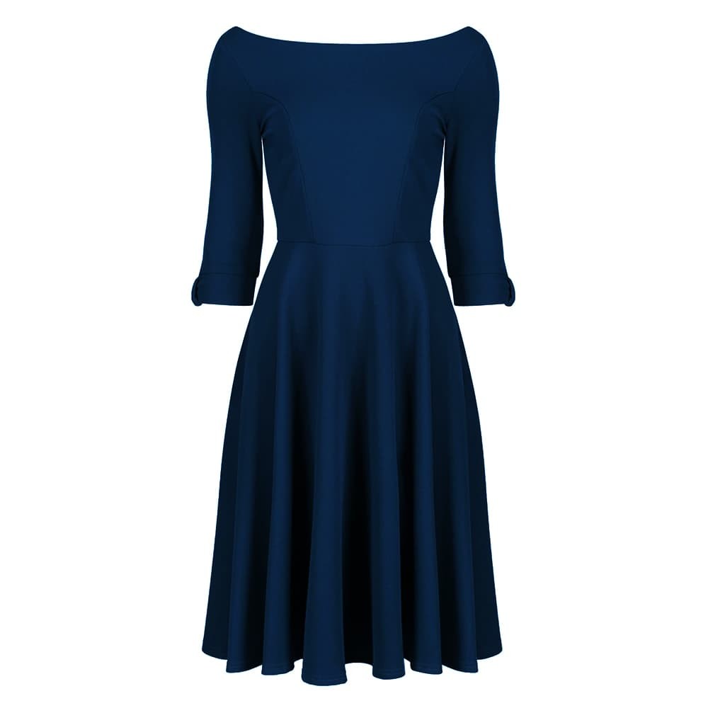 Navy Blue Bardot Vintage Fit And Flare Midi Dress