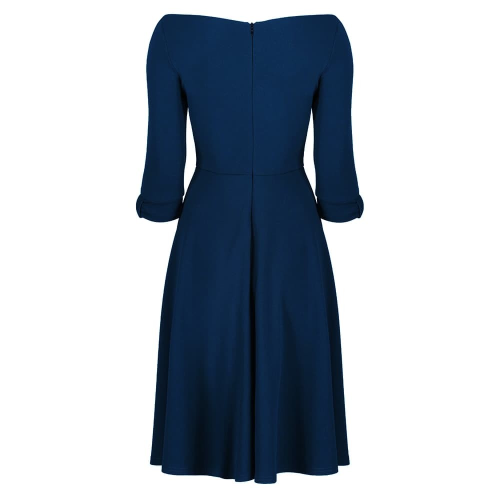 Navy Blue Bardot Vintage Fit And Flare Midi Dress