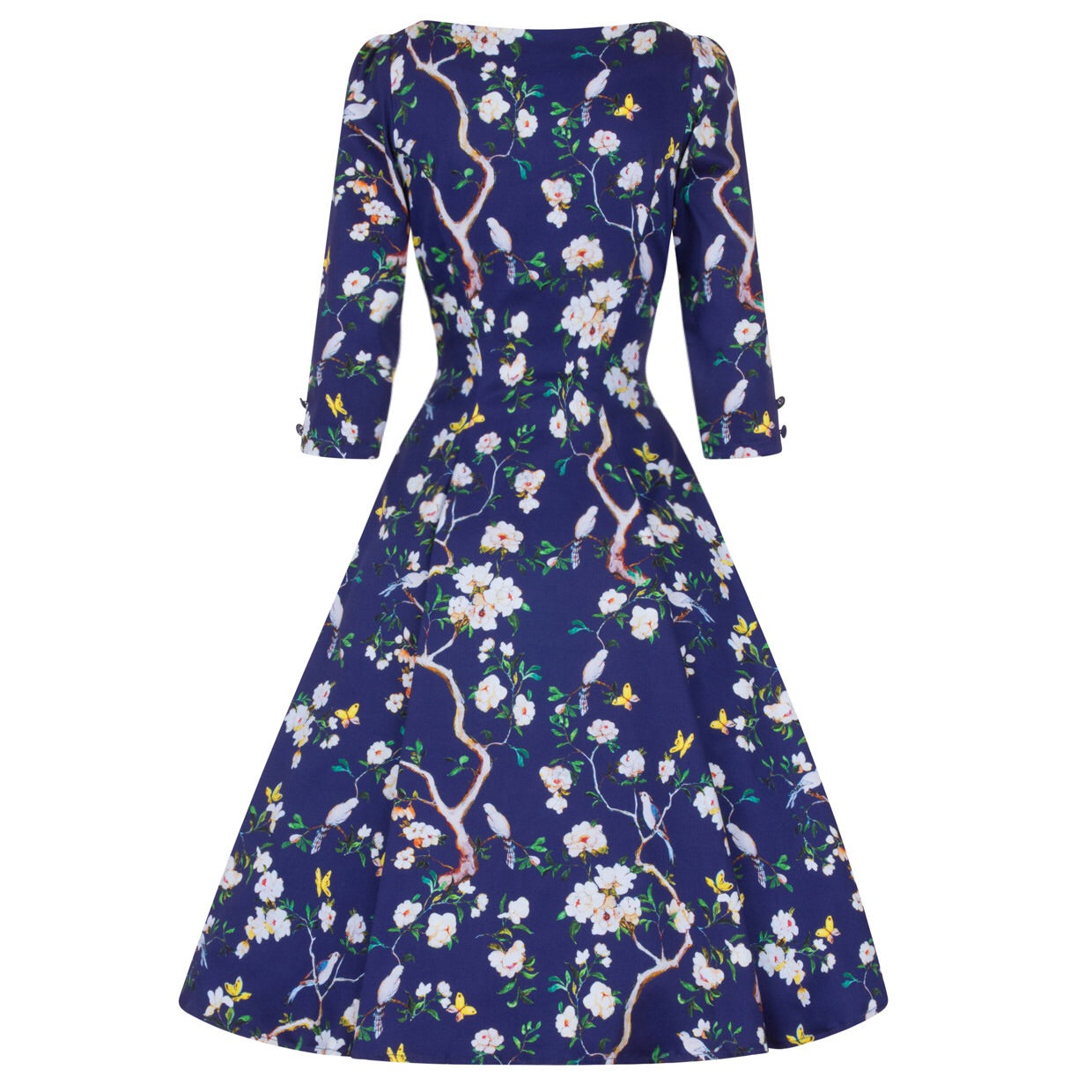 Navy Blue Bird Floral Print 3/4 Sleeve 50s Swing Dress