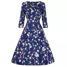 Navy Blue Bird Floral Print 3/4 Sleeve 50s Swing Dress