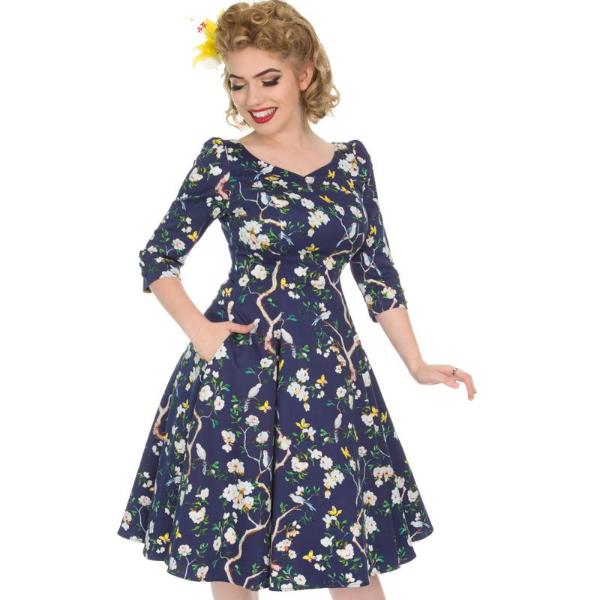 Navy Blue Bird Floral Print 3/4 Sleeve 50s Swing Dress