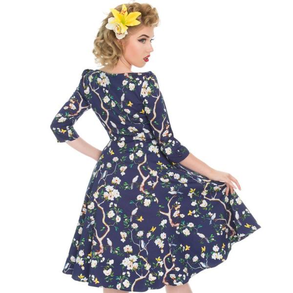 Navy Blue Bird Floral Print 3/4 Sleeve 50s Swing Dress