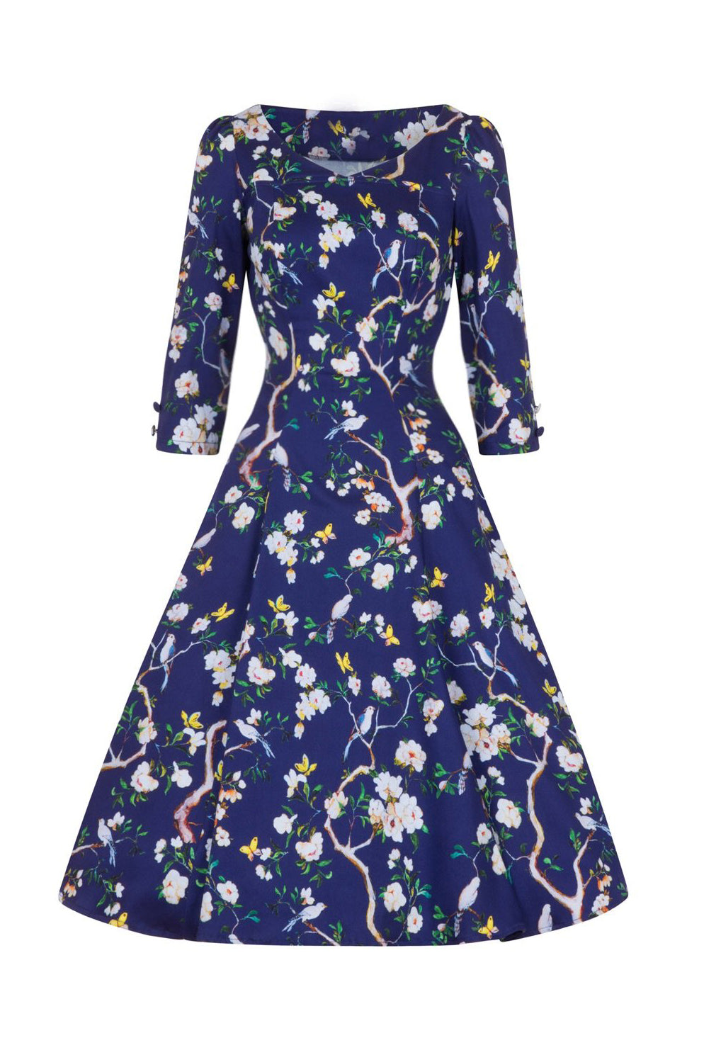 Navy Blue Bird Floral Print 3/4 Sleeve 50s Swing Dress